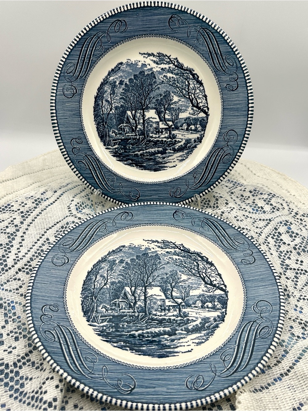 2 Currier & Ives Dinner Plates, The Old Grist Mill. Made in USA. Vintage